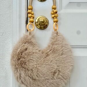Plush Faux Fur Hobo Bag in Beige with Beaded Handle